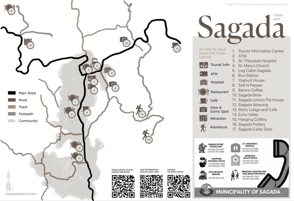 Town Map of Sagada including the tourist attractions and amenities of the town. Emergency contacts are included