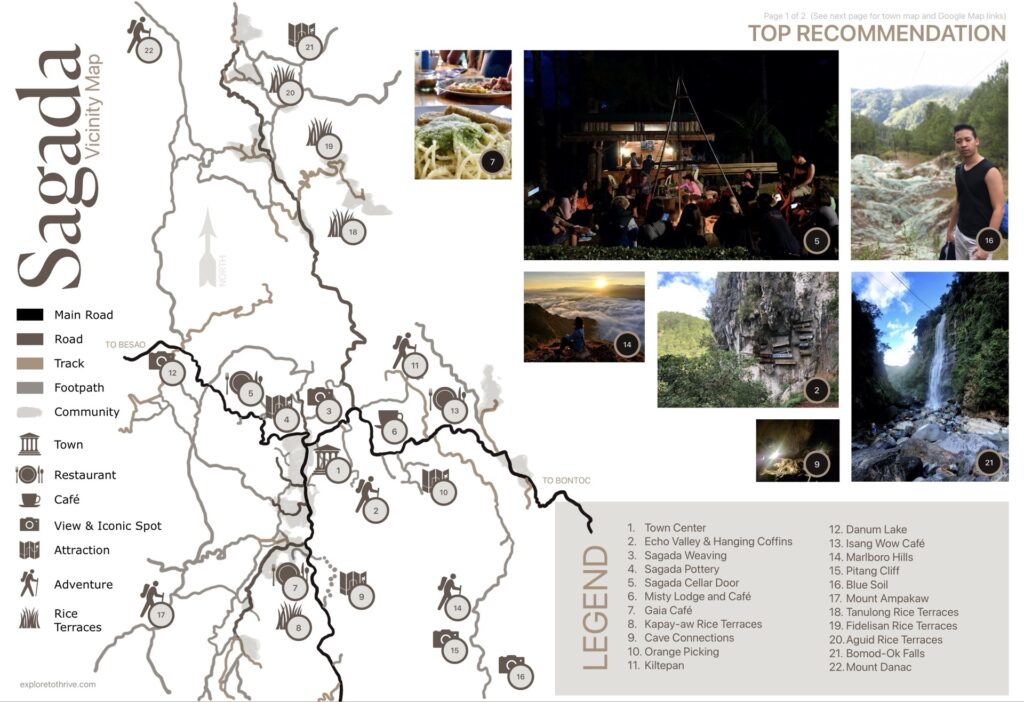 Vicinity Map of Sagada showing the tourist attractions around the town. Images of the recommended tourist attractions are included