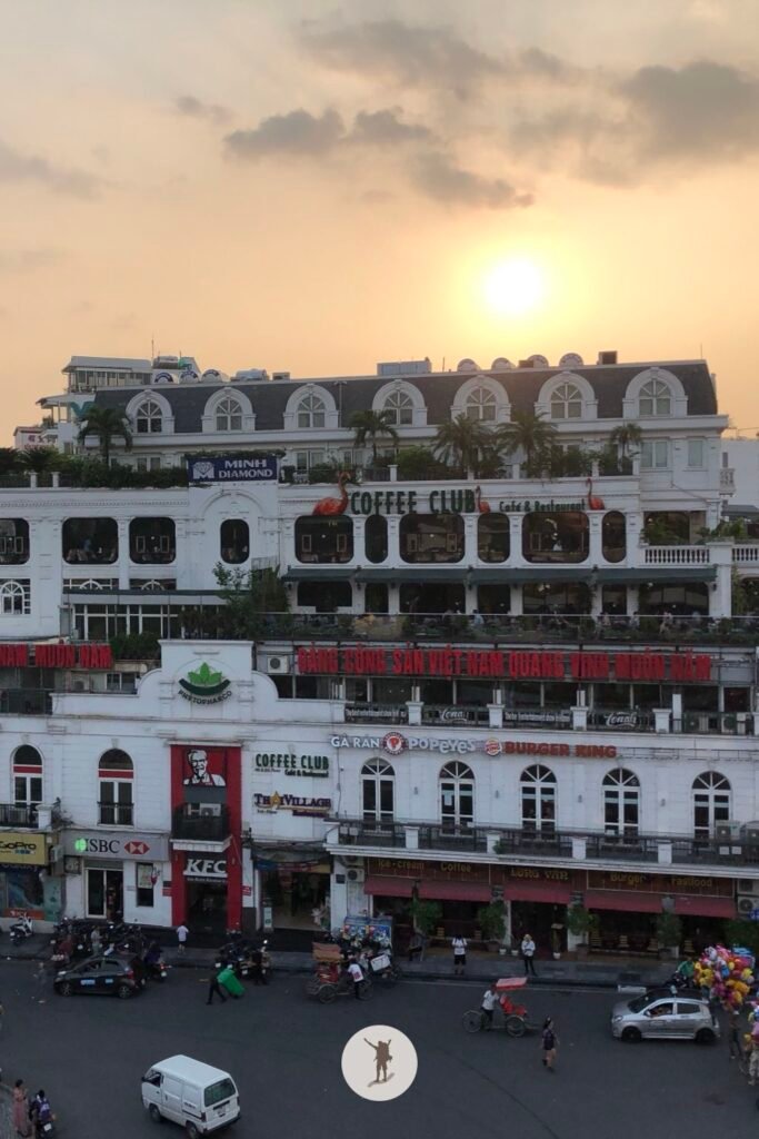 Overlooking view of Dong Kinh Nghia Thuc Square during sunset in Hanoi, Vietnam