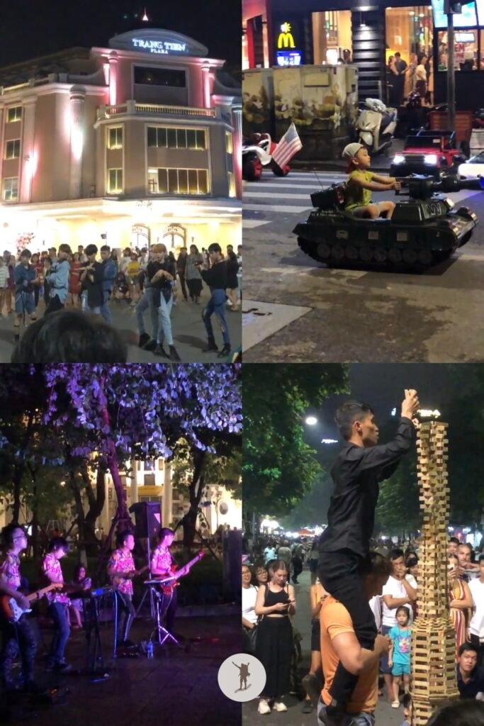 Teens dancing, youth band performing, kid driving, and a guy building a stick building during Hanoi Walking Street, Hanoi, Vietnam