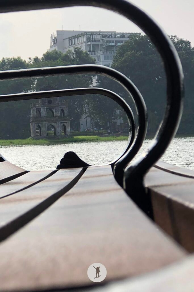 View of the Turtle Temple from the benches of Hoan Kiem Lake, Hanoi, Vietnam