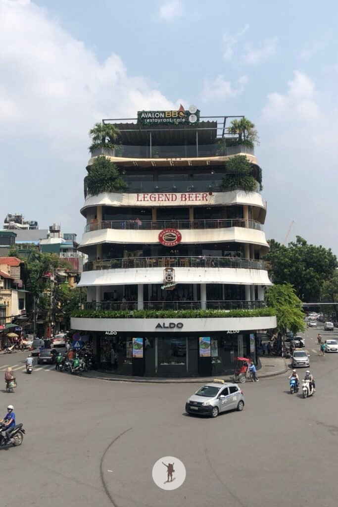 Front view of Shark Jaw building seen from Dong Kinh Nghia Thuc Square in Hanoi, Vietnam