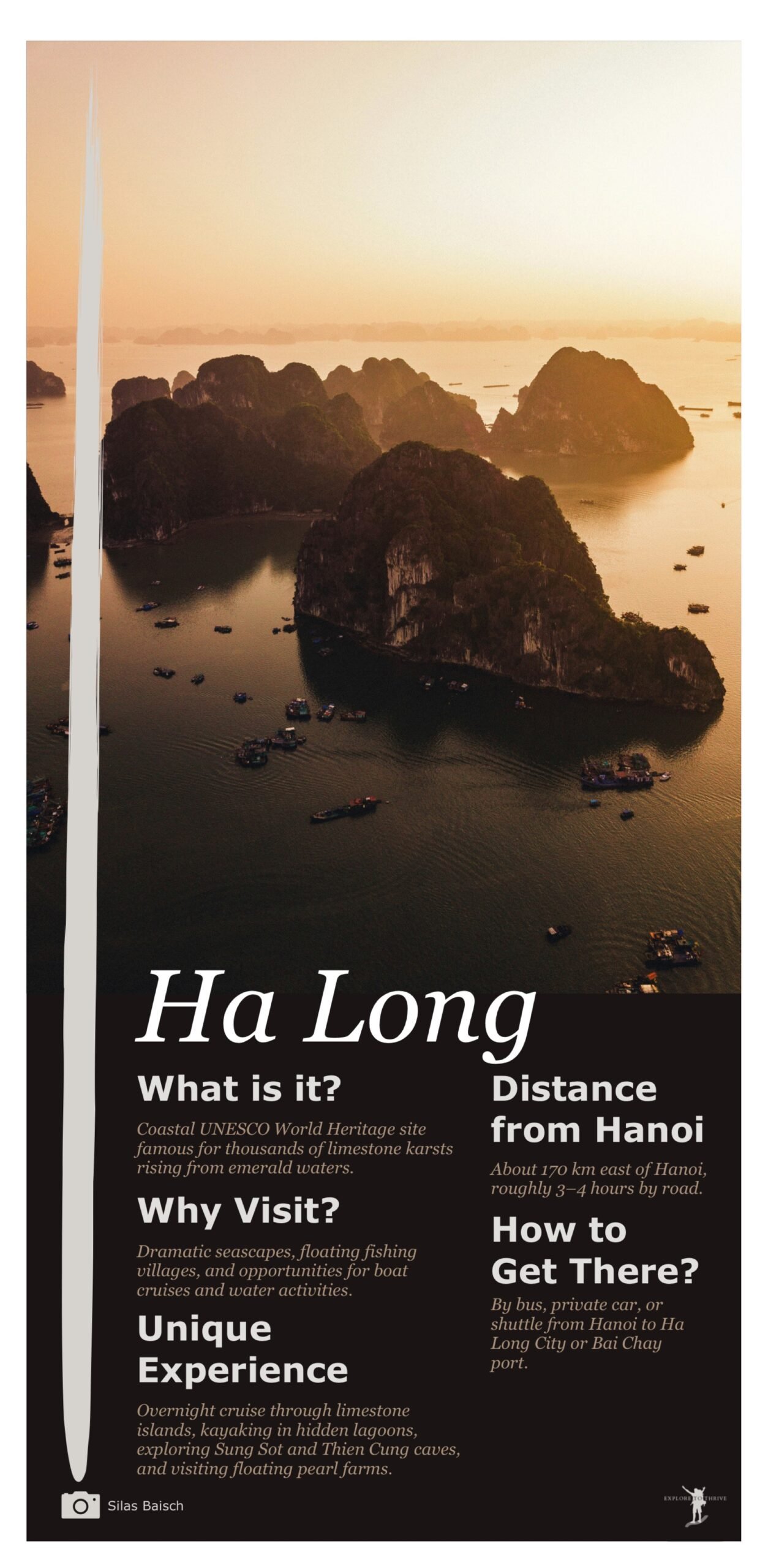 A beautiful scenery of Ha Long, an image card with the following details 1. What is it: Coastal UNESCO World Heritage site famous for thousands of limestone karsts rising from emerald waters. 2. How far: About 170 km east of Hanoi, roughly 3–4 hours by road. 3. Why visit: Dramatic seascapes, floating fishing villages, and opportunities for boat cruises and water activities. 4. Most unique attractions and experiences: Overnight cruise through limestone islands, kayaking in hidden lagoons, exploring Sung Sot and Thien Cung caves, and visiting floating pearl farms. 5. How to get there from Hanoi: By bus, private car, or shuttle from Hanoi to Ha Long City or Bai Chay port.