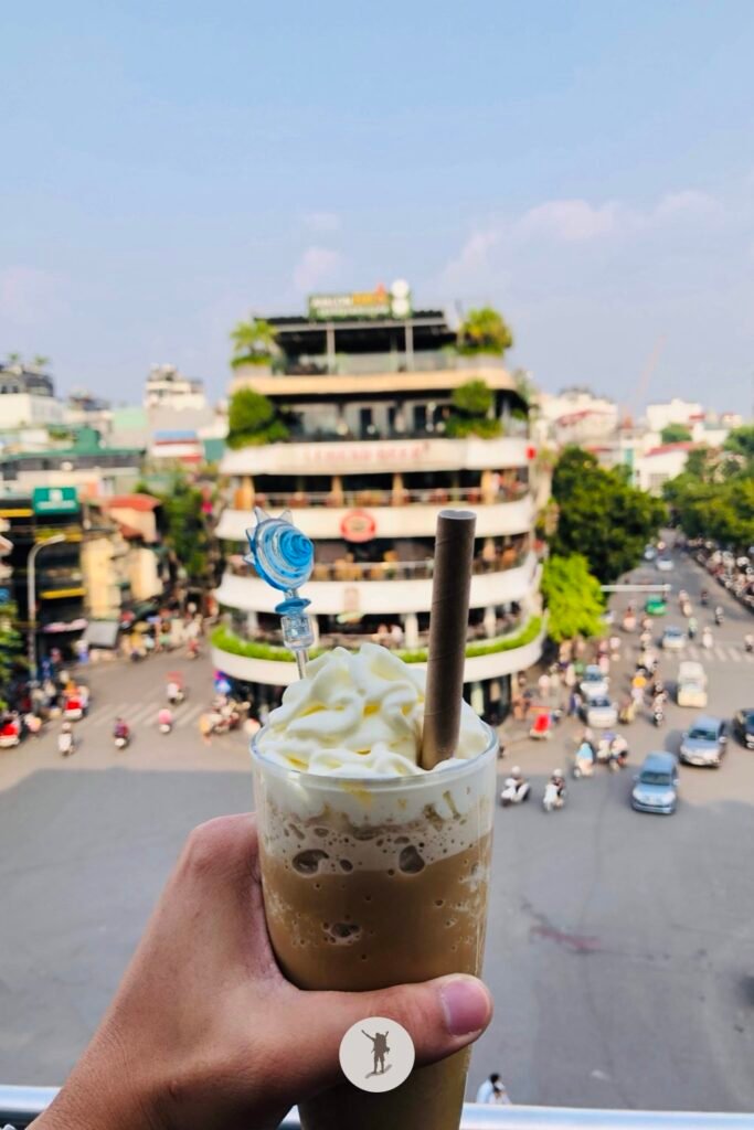 My egg coffee and view of Dong Nghia Thuc Square from Coffee Club Restaurant and Cafe, Hanoi Vietnam