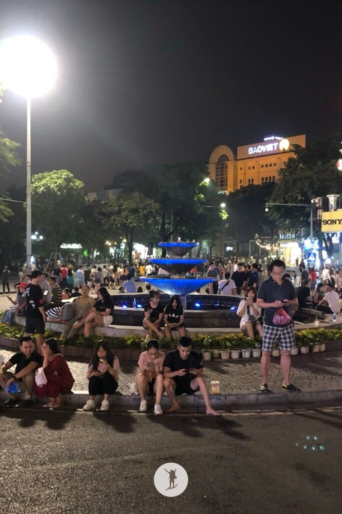 The fountain in Dong Kinh Nghia Thuc Square during Hanoi Walking Street, Hanoi, Vietnam