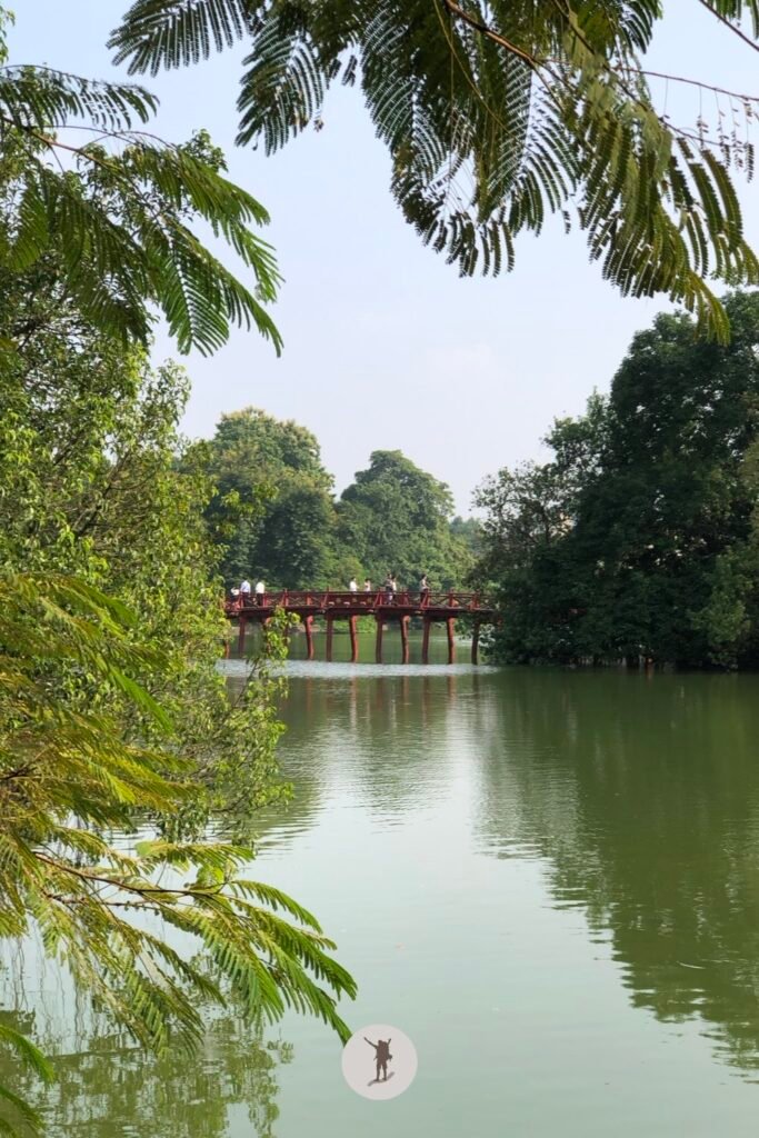 View of Hoan Kiem Lake from Dong Kinh Nghia Thuc Square in Hanoi Vietnam