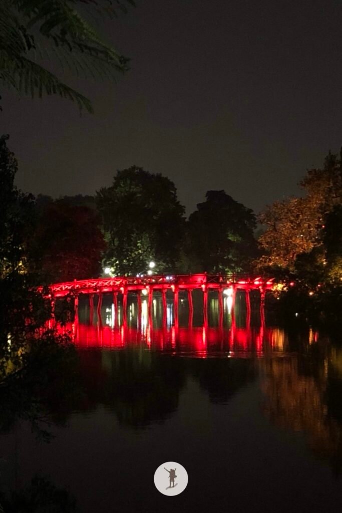 View of Ngoc Son Temple Bridge during Hanoi Walking Street, Hanoi, Vietnam