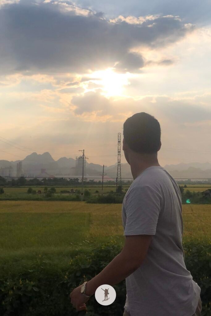 View of the craggy mountains of Ninh Binh from the rice fiends, Ninh Binh, Vietnam