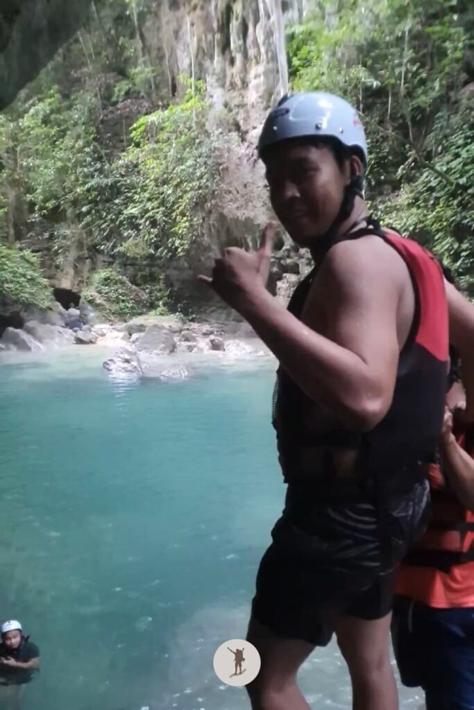 A photo of me saying ready to do 4 meter cliff jump during canyoneering in Kawasan Falls, Cebu, Philippines