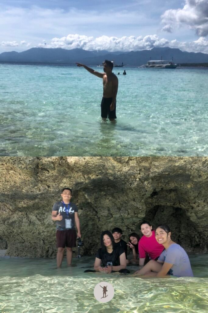 A photo of me unafraid to be kissed by the sun lol and my friends hiding inside a cave in Sumilon Island, near Oslob, Cebu, Philippines