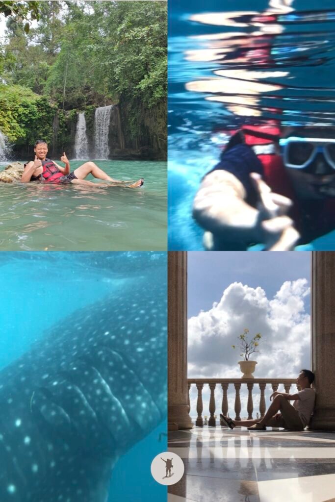 From left to right, top to bottom, Summary of 4-Day South Cebu Itinerary, Day 1 Kawasan, Day 2 Moalboal, Day 3 Oslob, Day 4 Cebu City