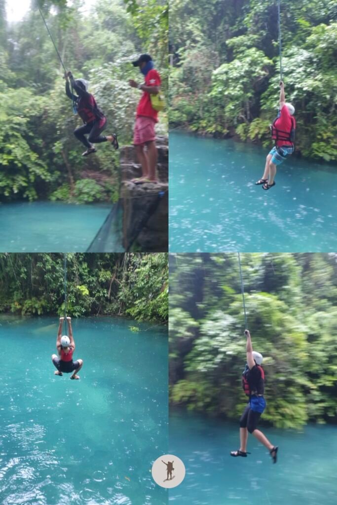 Our candid position as we swing over the pool near the end of Kawasan Falls canyoneering, Cebu, Philippines