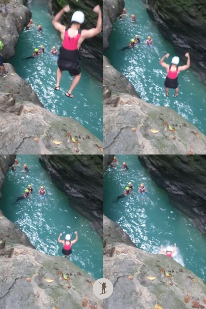 Photos of me taking the 7-meter cliff jump in Kawasan Falls canyoneering, Cebu, Philippines