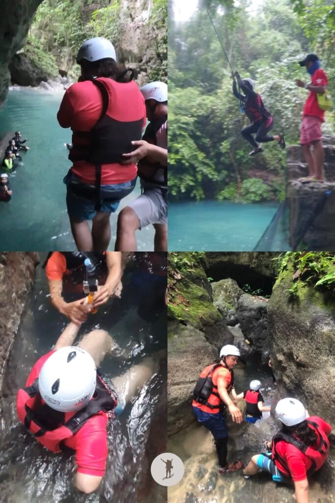Snapshots of our guides in action helping us get through each stage of Kawasan Falls Canyoneering, Cebu, Philippines