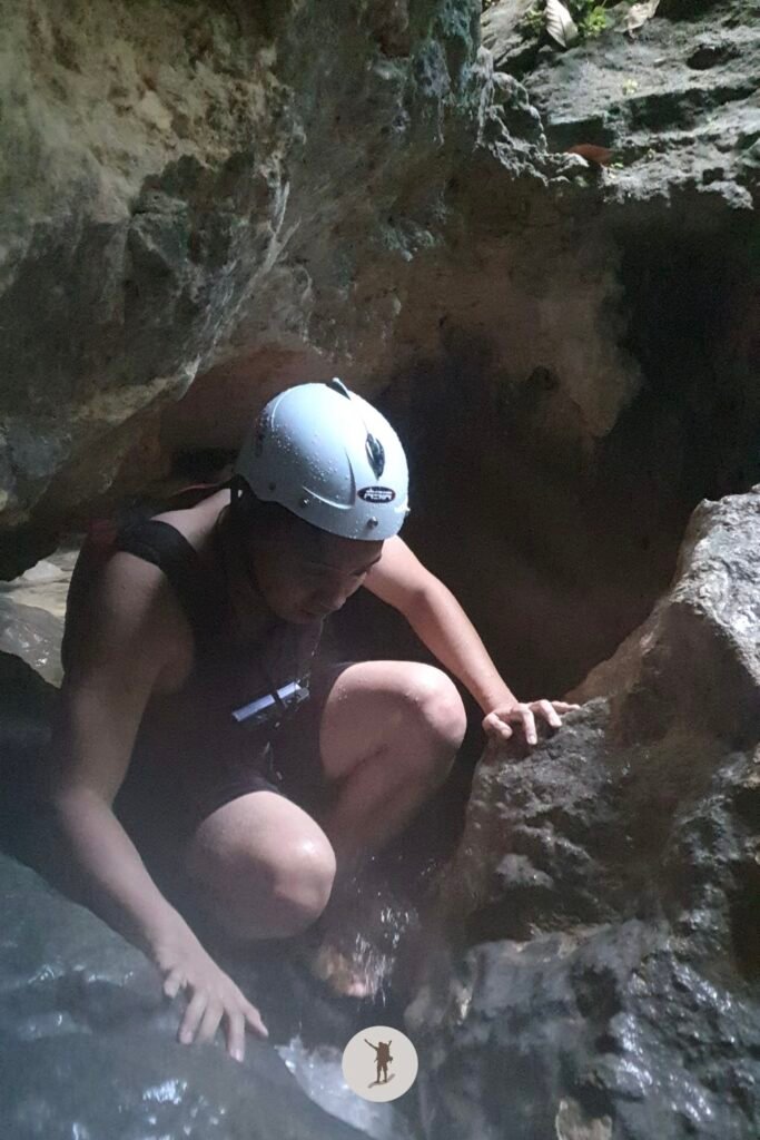 The disadvantage of being a 6 footer, it’s hard to go through canyon hole while canyoneering in Kawasan Falls, Cebu, Philippines