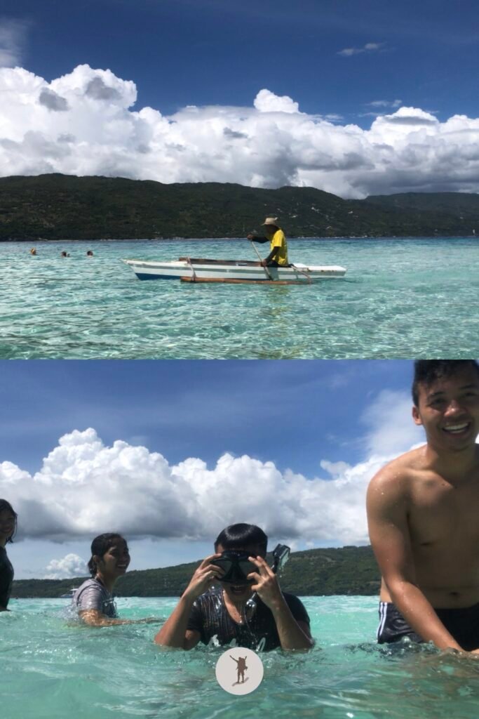 Top, a fisher man gliding on the clear turquoise water of Sumilon island, below, me and my friends playing while in the water, near Oslob, Cebu, Philippines