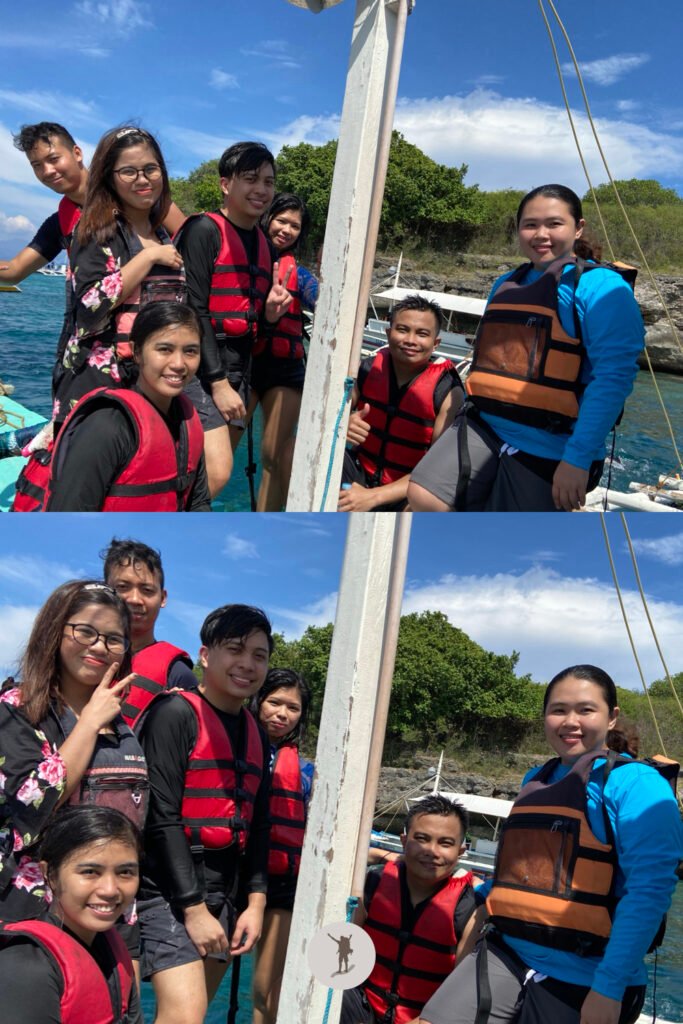 Our mandatory souvenir group photo before we started snorkeling around Pescador Island, Cebu, Philippines