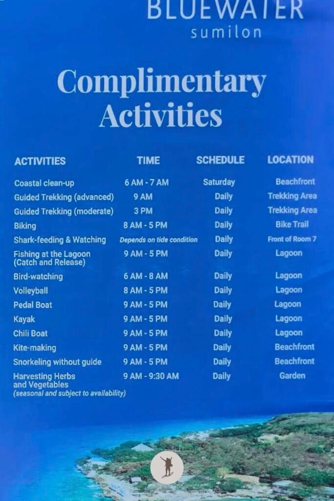 Our Beautiful Experience Visiting Sumilon Island After Whale Shark Watching in Oslob 9 Poster showing the complimentary activities and their availability in Sumilon Island, Oslob, Cebu, Philippines