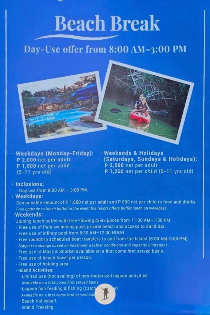 Our Beautiful Experience Visiting Sumilon Island After Whale Shark Watching in Oslob 7 Poster showing the prices of activities during weekdays, weekends, and holidays in Sumilon Island, Oslob, Cebu, Philippines
