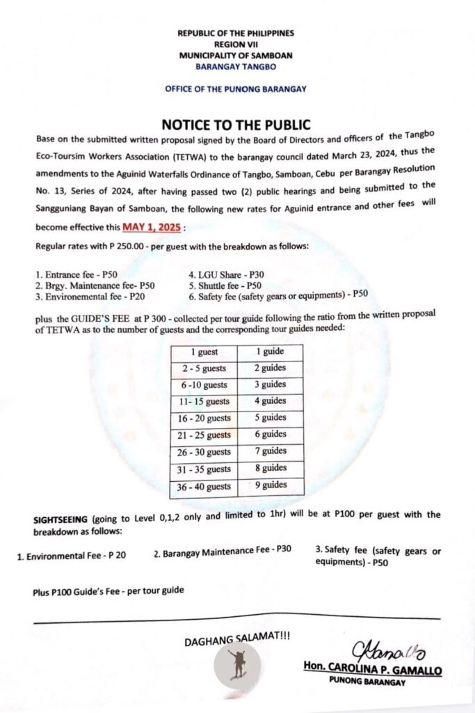 Regular rates, guide arrangement, and rental fees for visiting Aguinid Falls, Cebu, Philippines