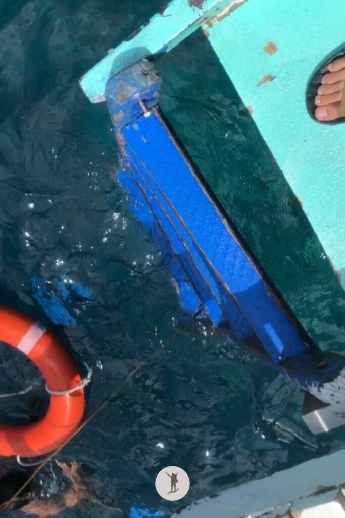 The rubberized wooden ladder of our boat during our snorkeling tour in Pescador Island and Moalboal in Cebu, Philippines