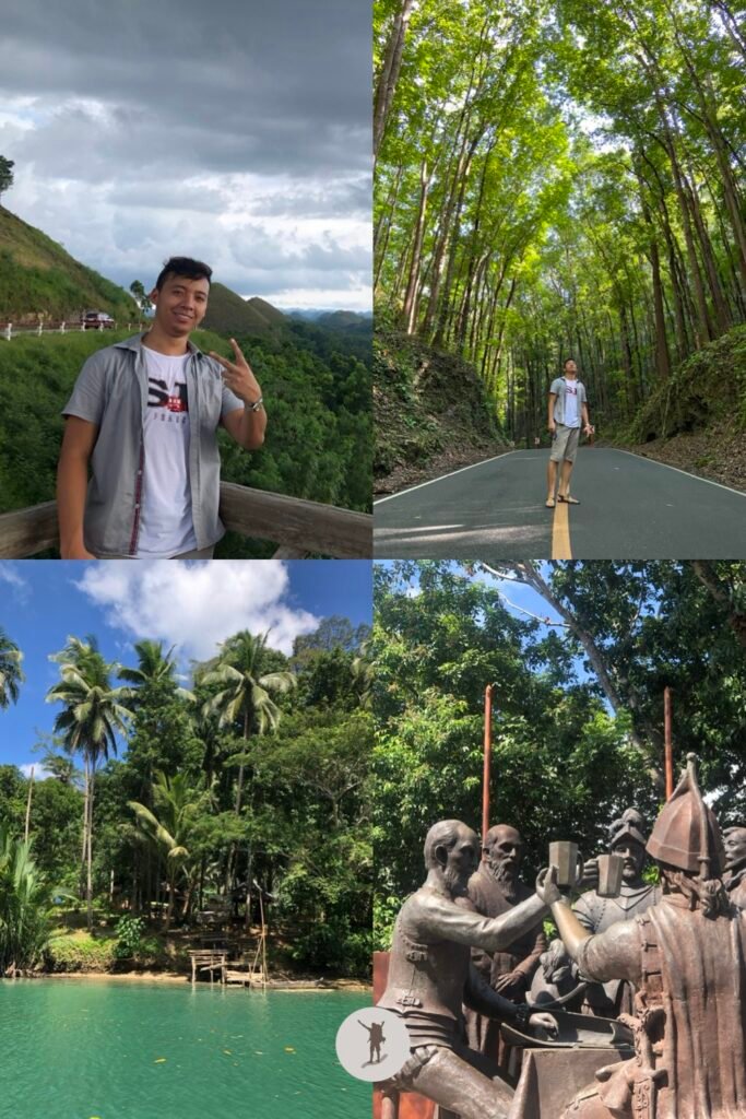 How Our Group Enjoyed the Best of Bohol in One Day and How You Can Do It Even Better 3 Pictures of me in front of the Chocolate Hills, Bilar Man-Made Forest, Loboc River, and the Blood Compact monument, Bohol, Philippines