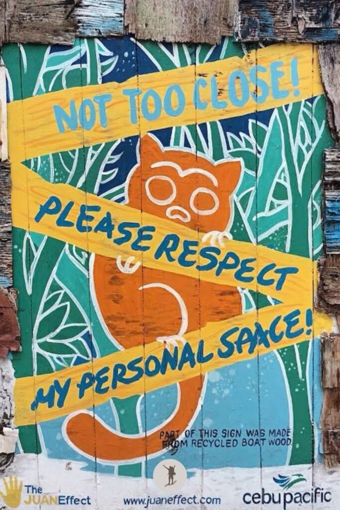 Sponsored reminder from Cebu Pacific to respect the tarsiers, a poster that you can see along the trail, Bohol, Philippines