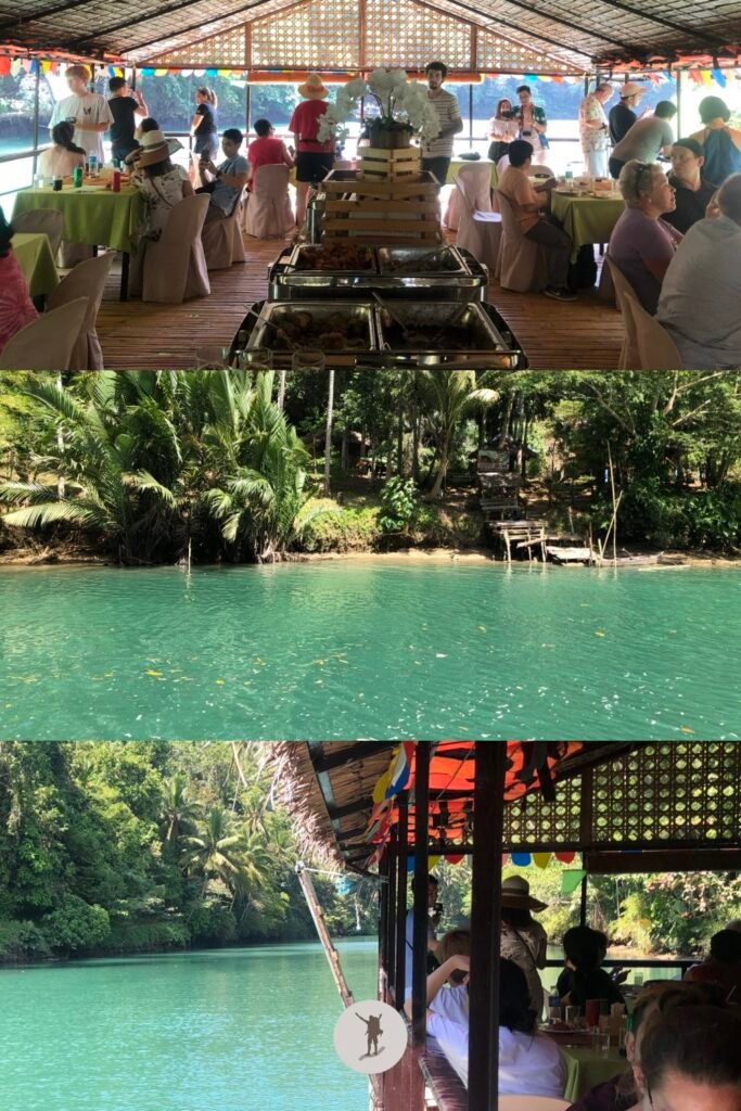 The buffet, the view, and the spot where we were seated in our floating restaurant during Loboc River Cruise, Bohol, Philippines