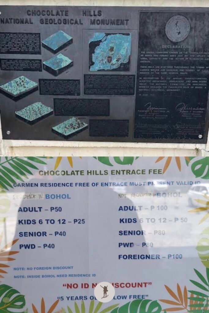 The landmark sign for the Chocolate Hills and the entrance fee for the viewing deck