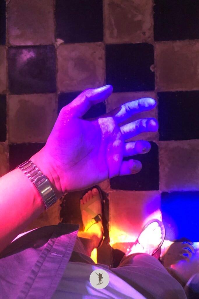 The light beam from the stained glass window of Baclayon Church hitting my hand, Bohol, Philippines